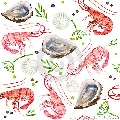 Seamless pattern seafood. Red shrimps, shells, oysters and spicy herbs watercolor illustration. Vector Illustration