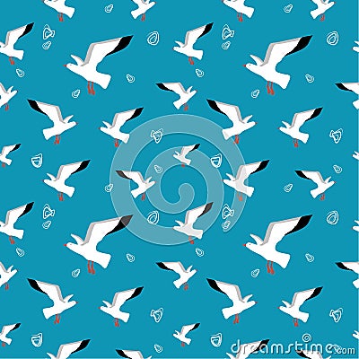 Seamless pattern: seagulls and doodles on a blue background. Vector Illustration