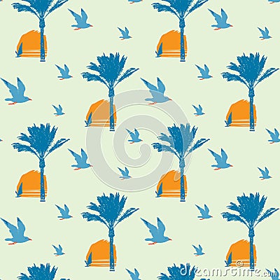 seamless pattern with seagulls, silhouettes of palm trees and surfers Vector Illustration