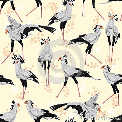 Seamless pattern with secretary birds Sagittarius serpentarius in different poses Vector Illustration