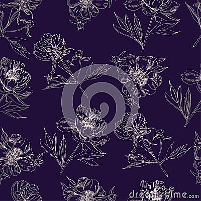 Seamless pattern with sepia silhouettes of flowers of peony. Hand drawn ink and inverted sketch. Objects on dark blue background Vector Illustration