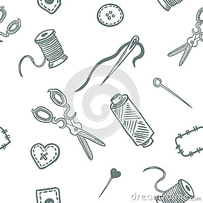 Seamless pattern set of accessories for sewing and handmade with dressmaking accessories. Vector Illustration
