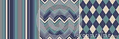 Seamless pattern set in blue, green, beige. Chevron, stripes, argyle vector backgrounds for dress, skirt, top, socks, jumper. Vector Illustration