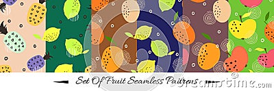 Seamless pattern set with citrus fruits collection. Fresh lemons, oranges, apples and pineapples background Vector Illustration