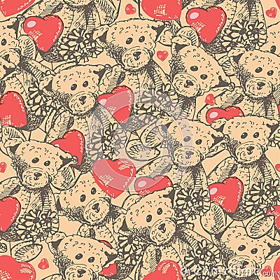 Seamless pattern, set of cute funny vintage teddy bears toys with hearts. Antique toys of the last century. Vector hand Vector Illustration