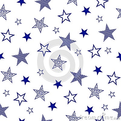 Seamless pattern with set drawn stars. Vector Wallpaper blue stars on a white background Stock Photo