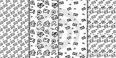 Seamless pattern set with hand drawn sketchy letters. Backround with doodled envrlopes. Momochrome minimalistic Vector Illustration