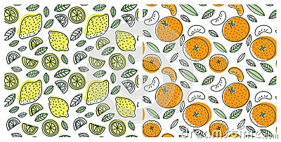 Seamless pattern set. Juicy fruit. Lemon, mandarin, tangerine. Hand drawn color vector sketch background. Colorful doodle Vector Illustration