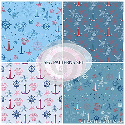 Seamless pattern set with sea themed accessory. Vector Illustration