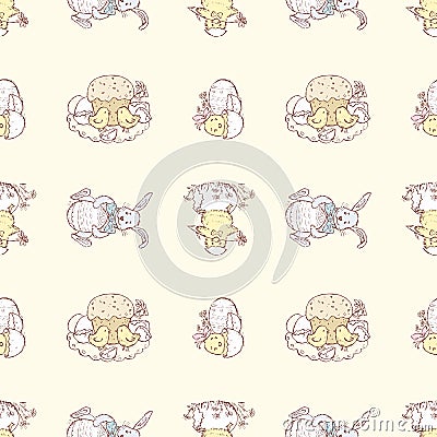 Seamless pattern of set various Easter pictures with chickens and rabbits Vector Illustration