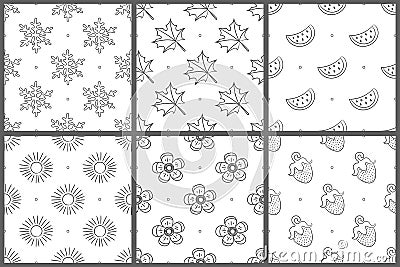 Seamless pattern set. White and black vector background. Snowflake, leaf, flower, watermelon; fruit; berry; strawberry; sun Vector Illustration
