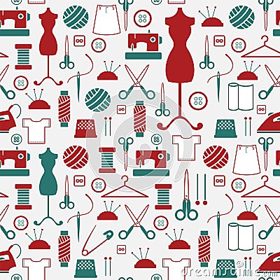 Seamless pattern - Sewing needlework icons Vector Illustration