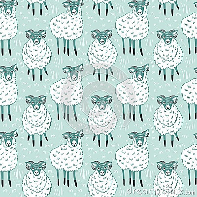 Seamless pattern with sheep on blue background. Vector cute fabric design. Vector Illustration