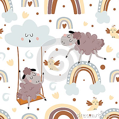 Seamless pattern with a lamb on a swing and a lamb on a rainbow - vector illustration, eps Vector Illustration