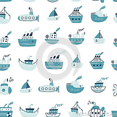 Seamless pattern with ships, submarines, sailboat, yacht. Sea transport. Cute cartoon marine pattern for textile, fabric. Childish Vector Illustration