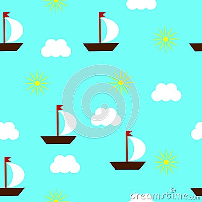 Seamless pattern of ships, sun and clouds Vector Illustration