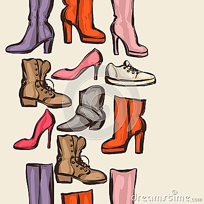 Seamless pattern with shoes. Hand drawn illustration female footwear, boots and stiletto heels Vector Illustration