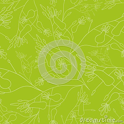 Seamless pattern shown linearly flower on green background. Vector Illustration