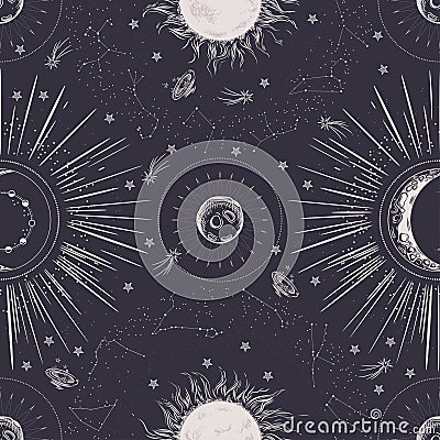 Seamless pattern. Signs of the zodiac, phases of the moon, sun and moon. Engraving style. Vintage background. Vector Illustration