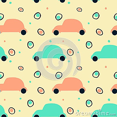 Seamless pattern with silhouette of retro cars and abstract circles Vector Illustration