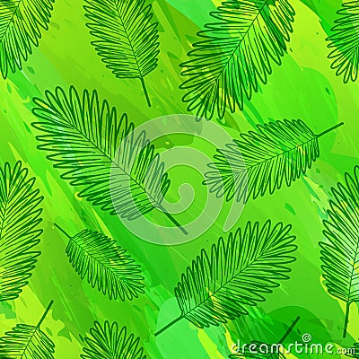 Seamless pattern with silhouettes of the decor of palm leaves. Organic wallpaper with outline leaves. Green natural Vector Illustration