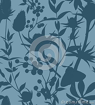 Seamless pattern with silhouettes of dried flowers, eryngium, eucalyptus, butterflies and berries. Stock Photo