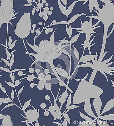 Seamless pattern with silhouettes of dried flowers, eryngium, eucalyptus, butterflies and berries. Stock Photo