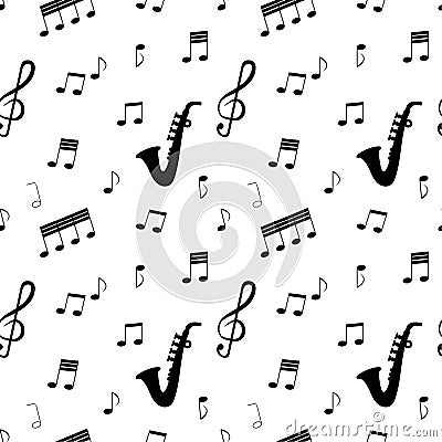 Seamless pattern: silhouettes of musical notes and instruments in black on a white background. Vector Illustration