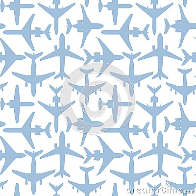 Seamless pattern with silhouettes of passenger airplanes on white background Vector Illustration