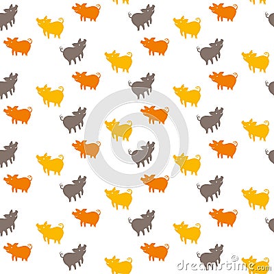 Seamless pattern of silhouettes pigs. Cartoon yellow, brown and red piglets background. Stock Photo