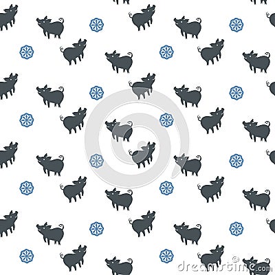 Seamless pattern of silhouettes pigs and round snowflakes. Stock Photo