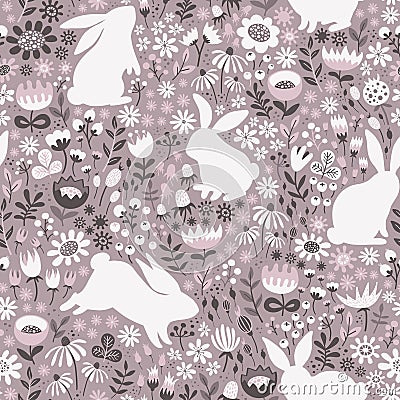 Seamless pattern with silhouettes of rabbits and wildflowers Vector Illustration