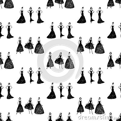 Seamless pattern of silhouettes slim women in evening gowns Vector Illustration