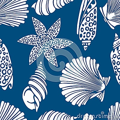 Seamless pattern of silhouettes various decorative seashells Vector Illustration