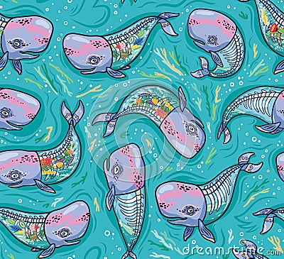 Seamless pattern with floral anatomy whales in cartoon style. Vector illustration Vector Illustration