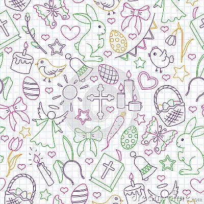 Seamless illustration with simple contour icons on a theme the holiday of Easter , colored outline icons on the clean writing-book Vector Illustration