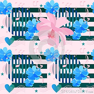 Seamless pattern with simple elements in memphis style, musical symbols, hearts, stars and beautiful pink and blue cosmos flowers Vector Illustration