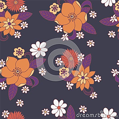 Seamless pattern with simple flowers. Floral print hippie 60s. Vector Illustration