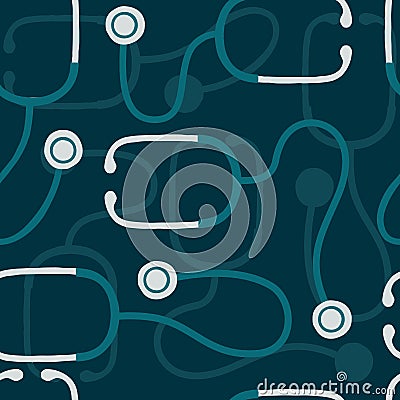 Seamless pattern of simple stethoscope flat vector illustration on turquoise background Cartoon Illustration