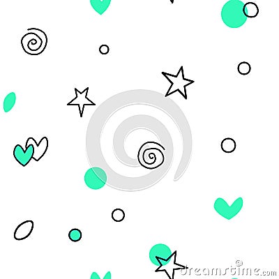 Seamless pattern of simple vector outline colorful elements stars hearts points circles rounds rings spirals Stock Photo