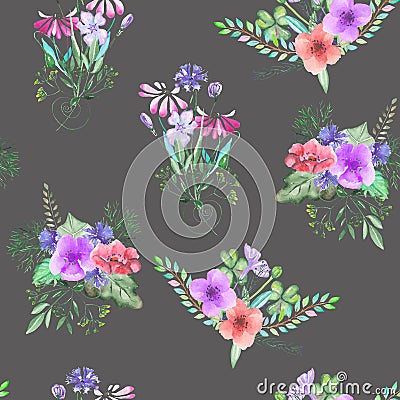 Seamless pattern with the simple watercolor floral bouquets on a dark background Stock Photo