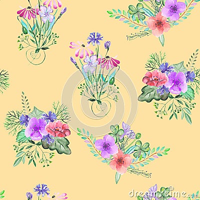 Seamless pattern with the simple watercolor floral bouquets on a yellow background Stock Photo