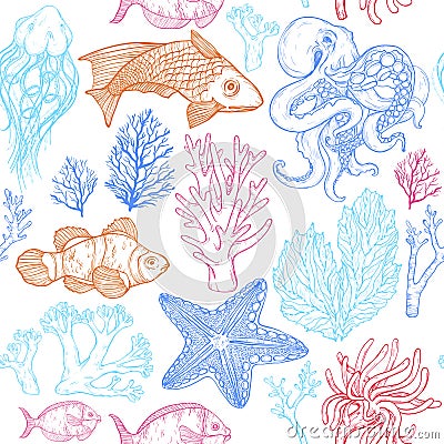 Seamless pattern with sketch of deepwater living organisms, fish, corals and octopus Vector Illustration