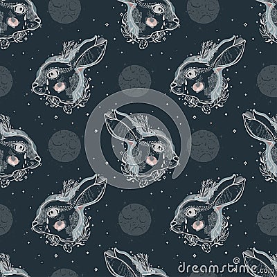 Seamless pattern sketch graphic illustration rabbit magic with mystic and occult hand drawn symbols Cartoon Illustration