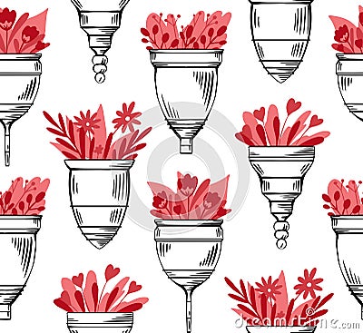 Seamless pattern with sketch menstrual cups with flat red flower in row on white background. Zero waste objects. Ecological health Vector Illustration