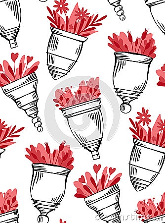 Seamless pattern with sketch menstrual cups with hatching and flat red flower on white background. Zero waste objects. Ecological Vector Illustration