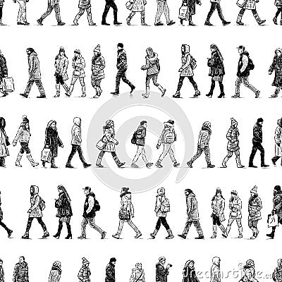 Seamless pattern of sketches casual city pedestrians walking along street Vector Illustration