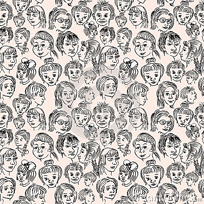 Seamless pattern of sketches of children`s faces Vector Illustration