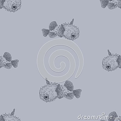 Seamless pattern of sketches cute aquarium fishes floating in water Vector Illustration