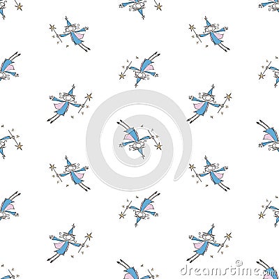 Seamless pattern of sketches flying funny sorceresses with magic wands Vector Illustration